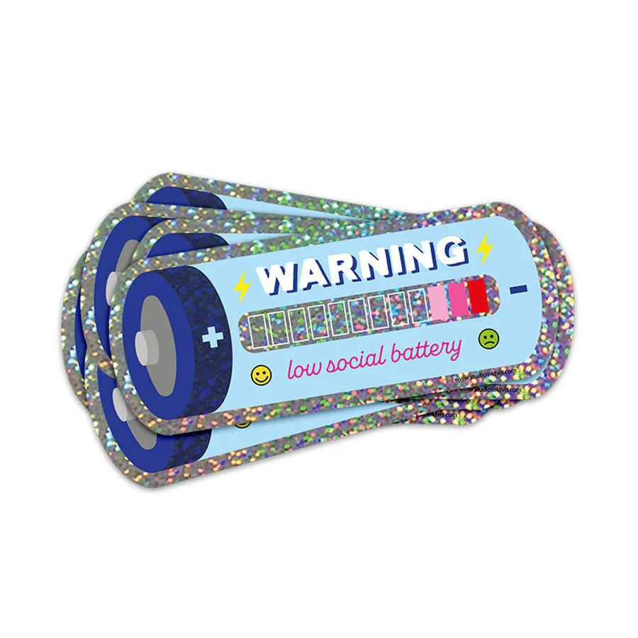 Sticker glitter 'Warning: Low social battery'