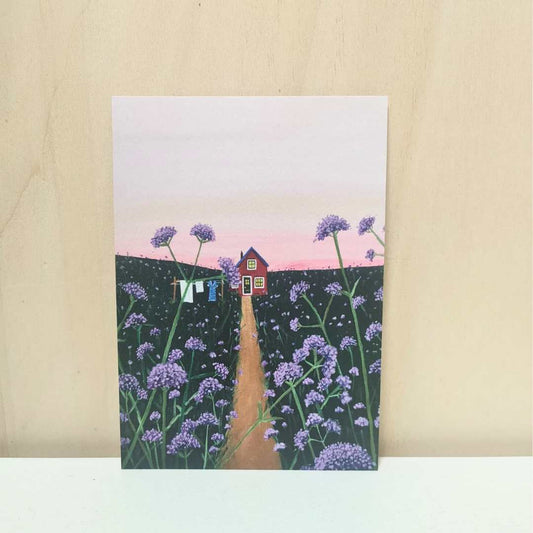 Kaart 'Huisje in verbena veld'