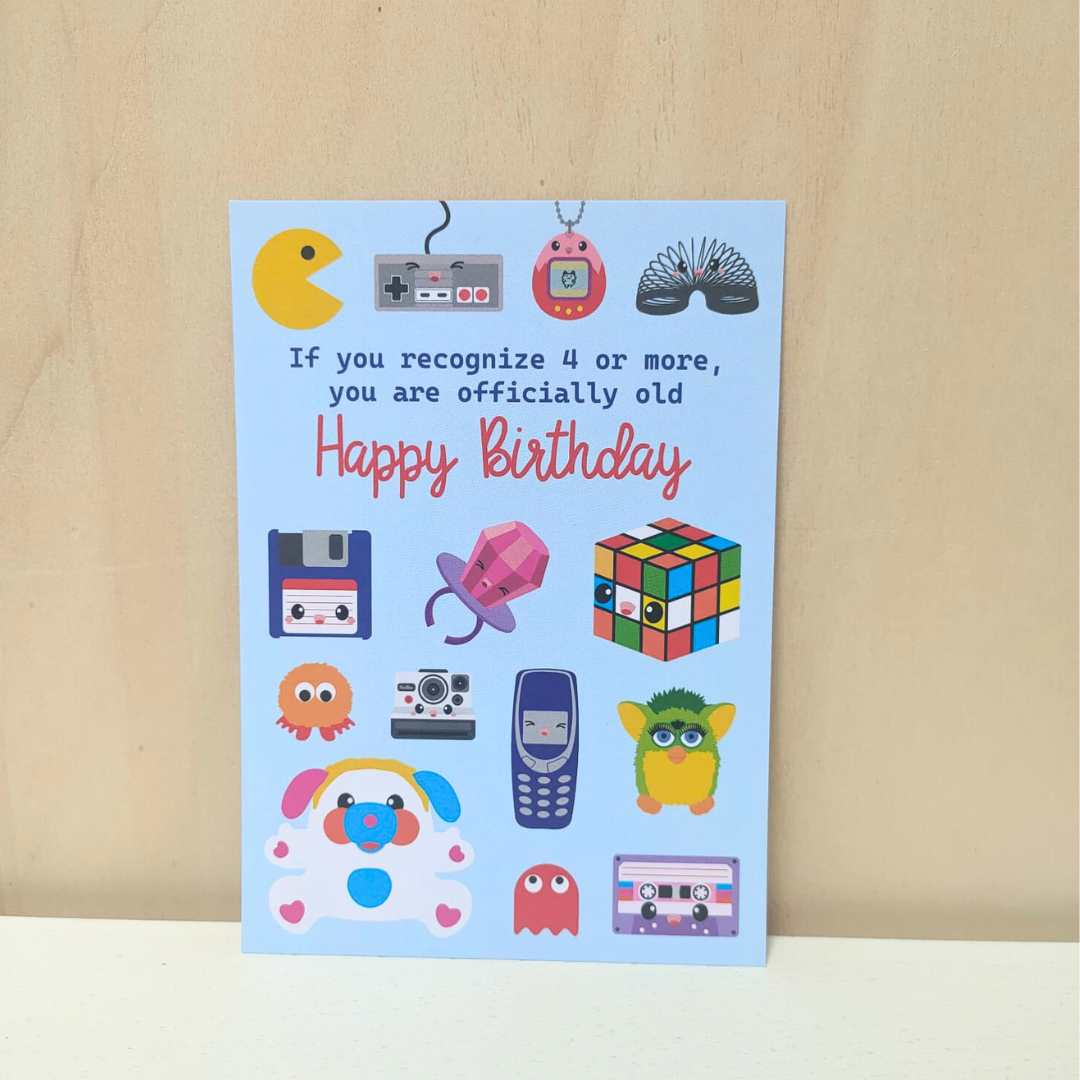 Kaart '80's and 90's happy birthday'